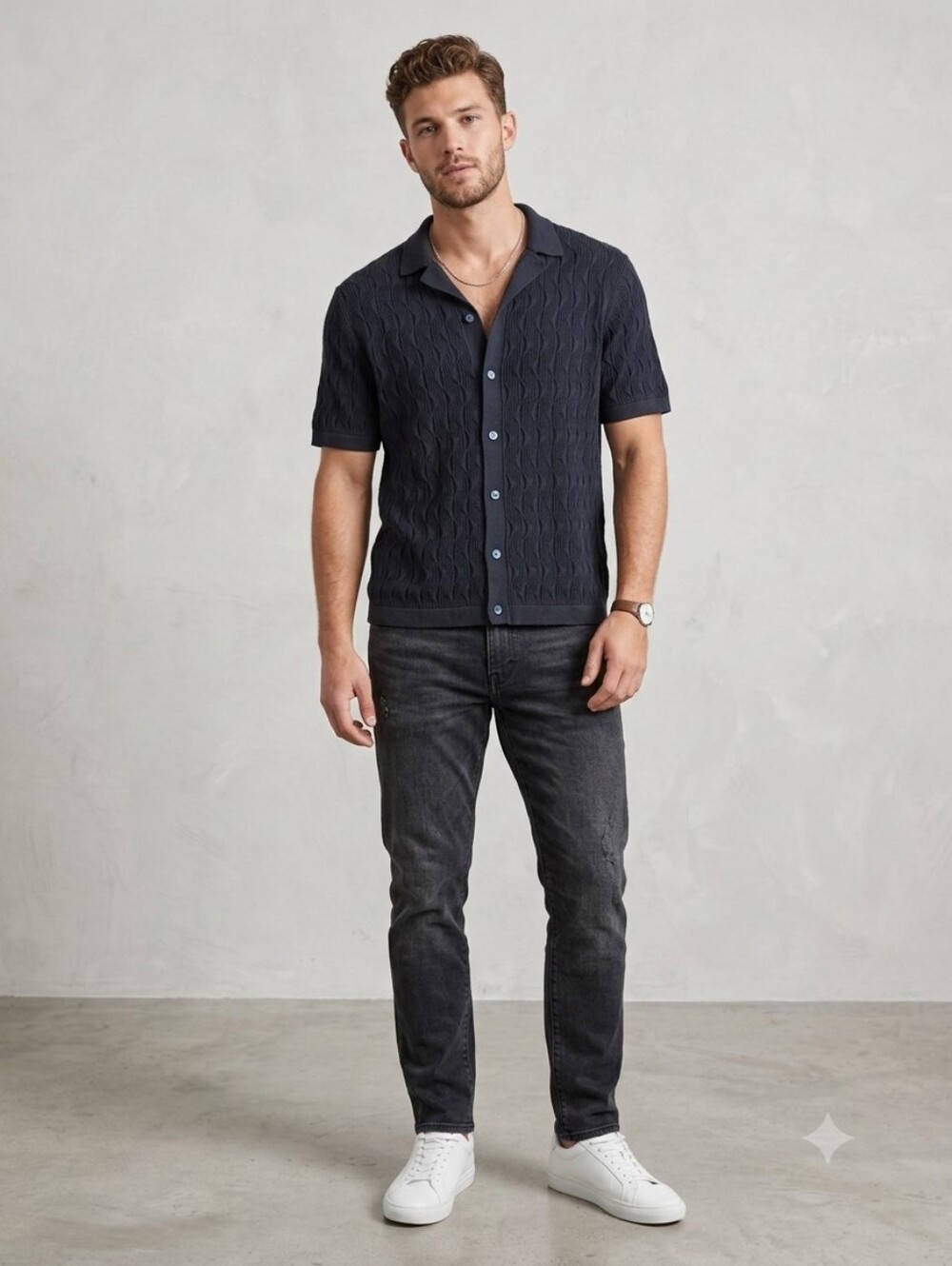 Abercrombie & Fitch Wave Textured Knit Button-Through Sweater Polo – Black (XL)